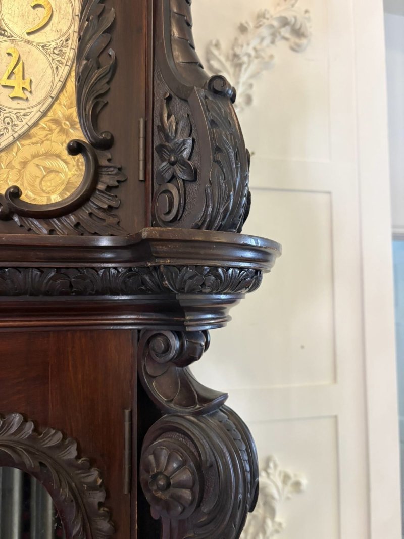 Antique Exhibition Quality Carved Mahogany Nine Tube Chiming Longcase Clock - Image 13